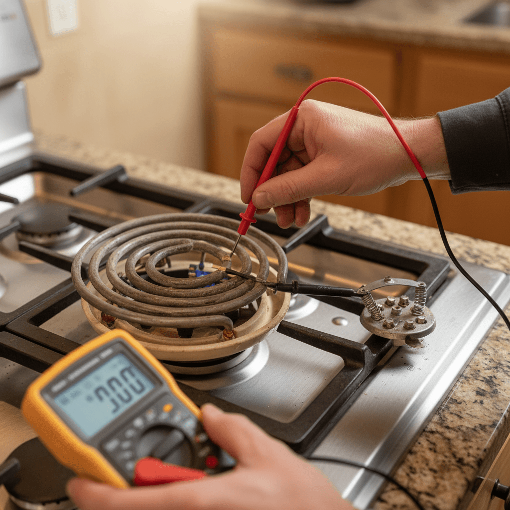 Technician testing stove burner element with diagnostic equipment