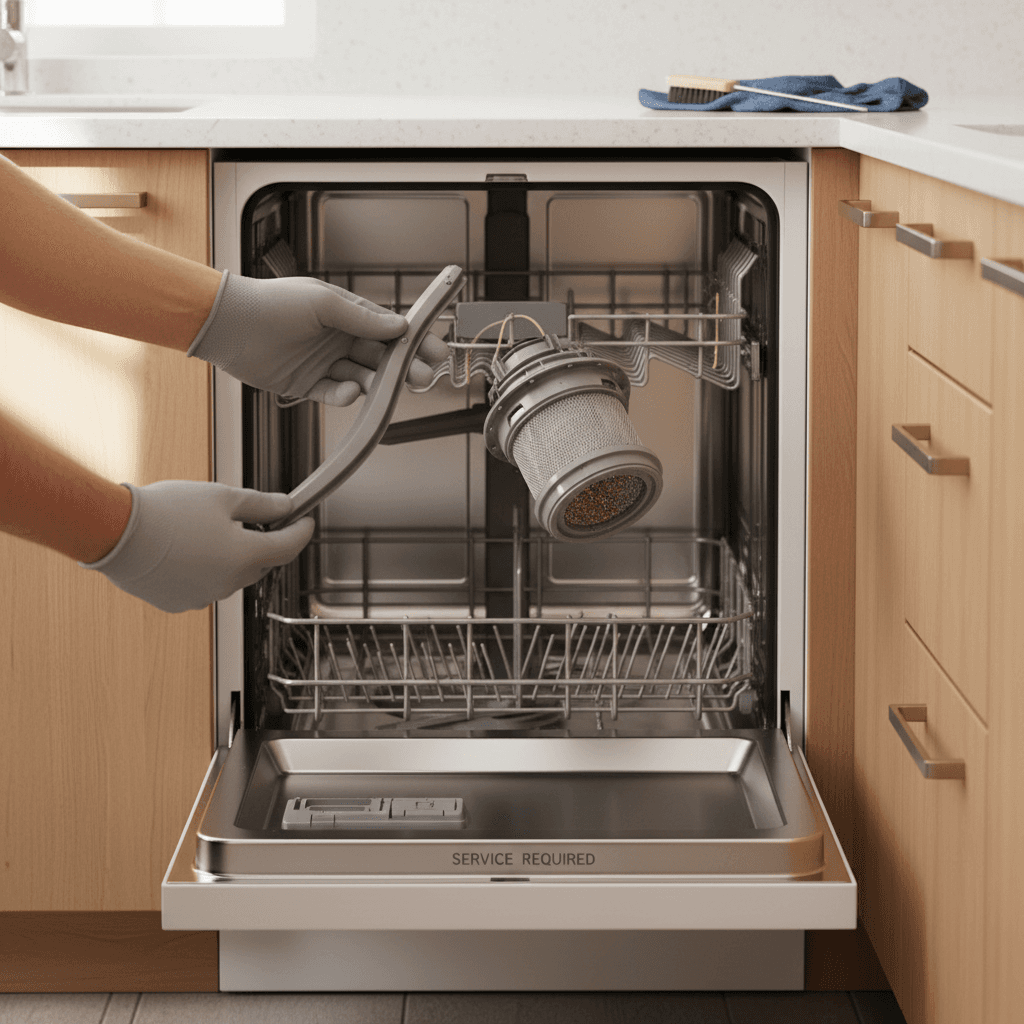 Technician cleaning and inspecting dishwasher spray arm mechanism