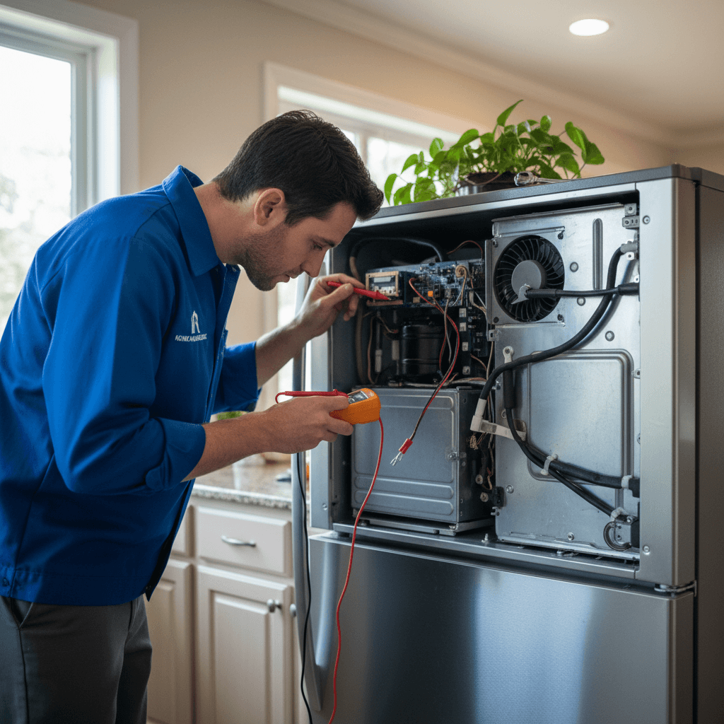 Technician inspecting refrigerator compressor and cooling system