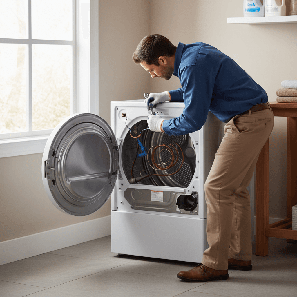 Technician accessing dryer heating element and drum assembly