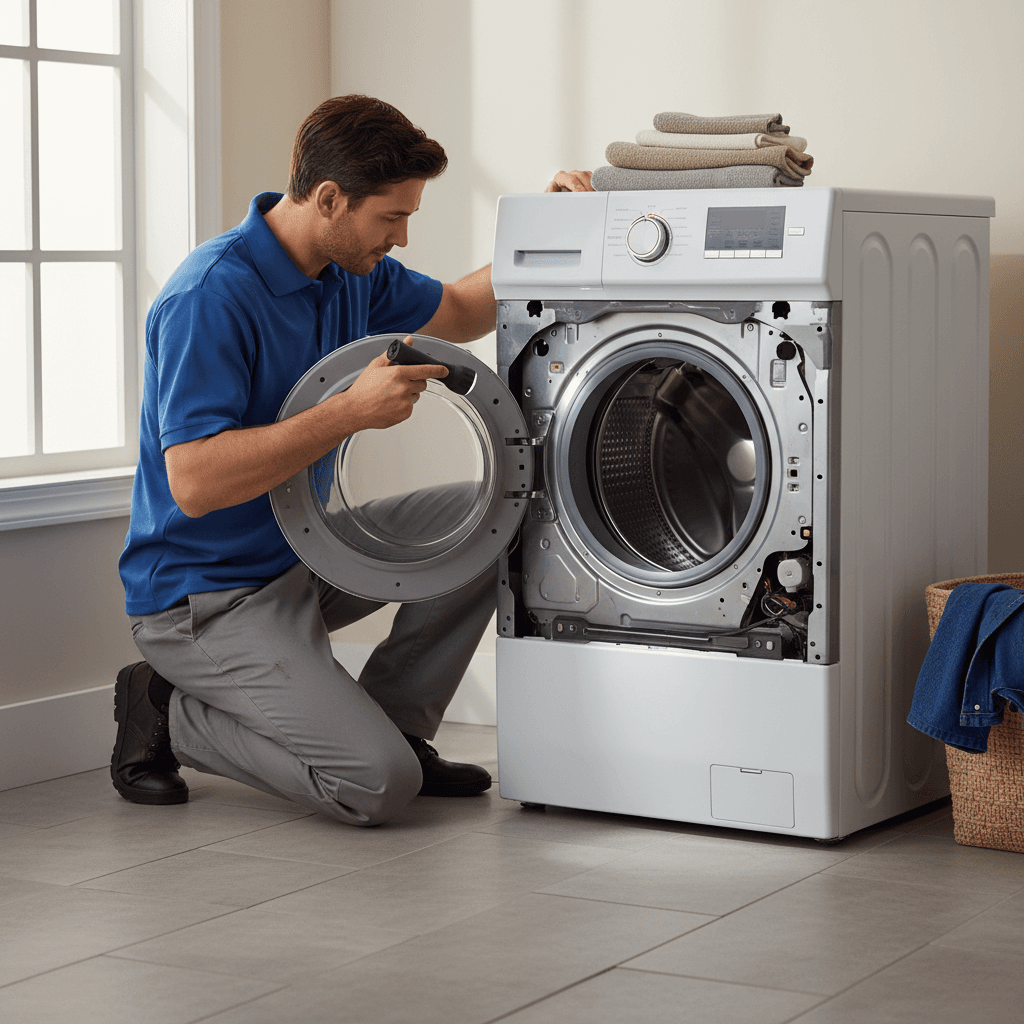 Technician examining washing machine drum and internal parts