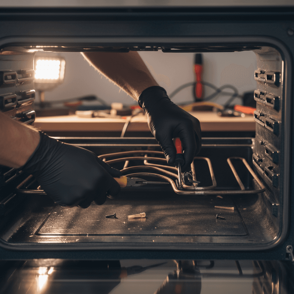 Technician repairing an oven heating element