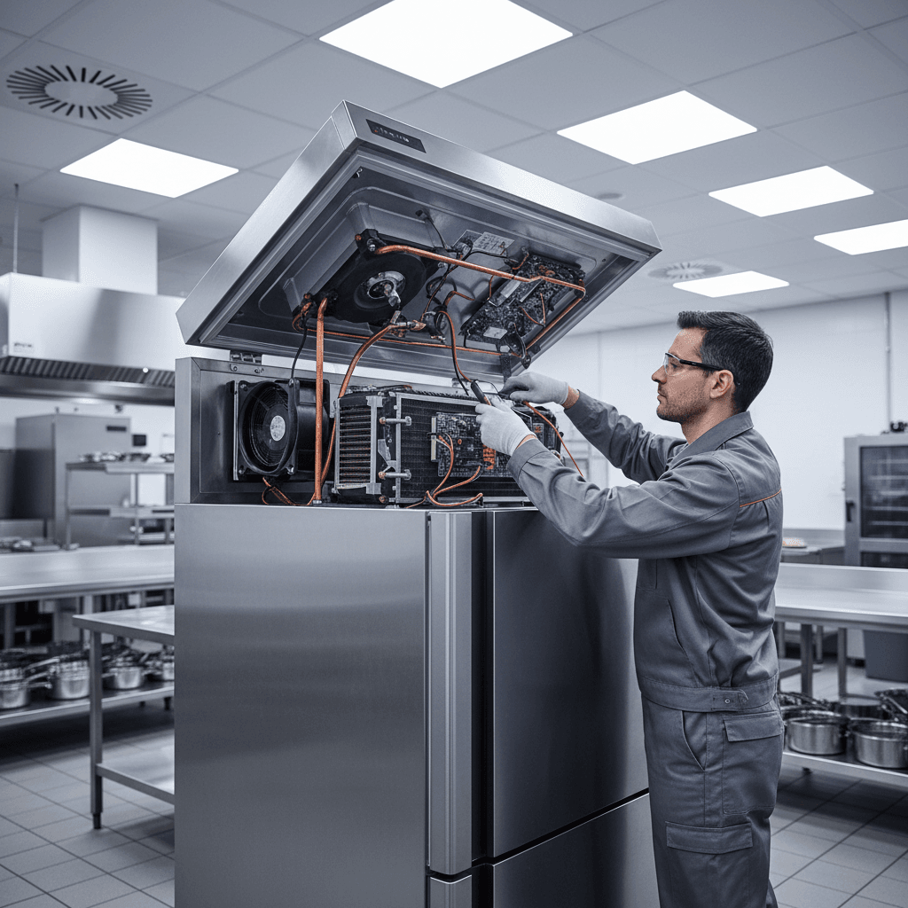 Technician servicing commercial freezer internal components