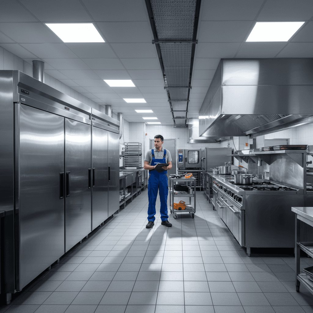 Technician in commercial kitchen surrounded by professional restaurant equipment