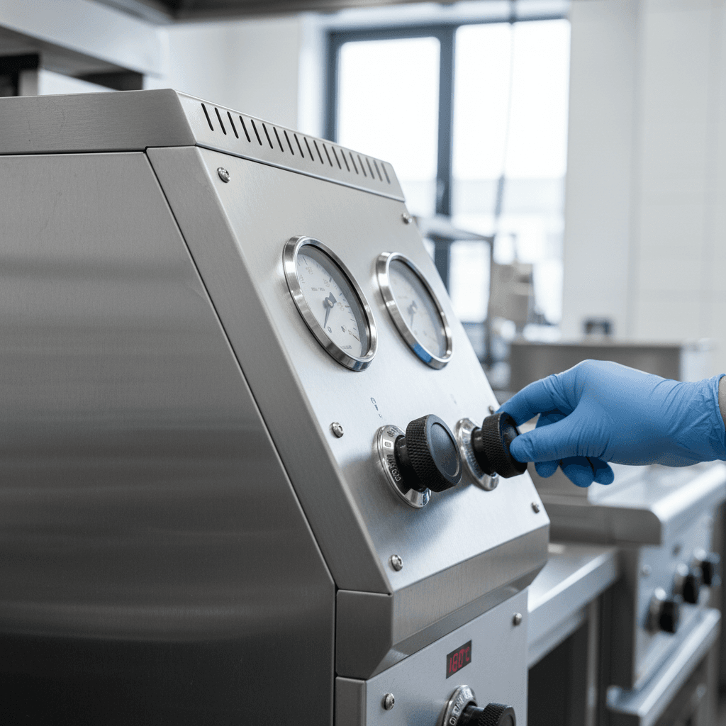 Technician servicing commercial kitchen equipment