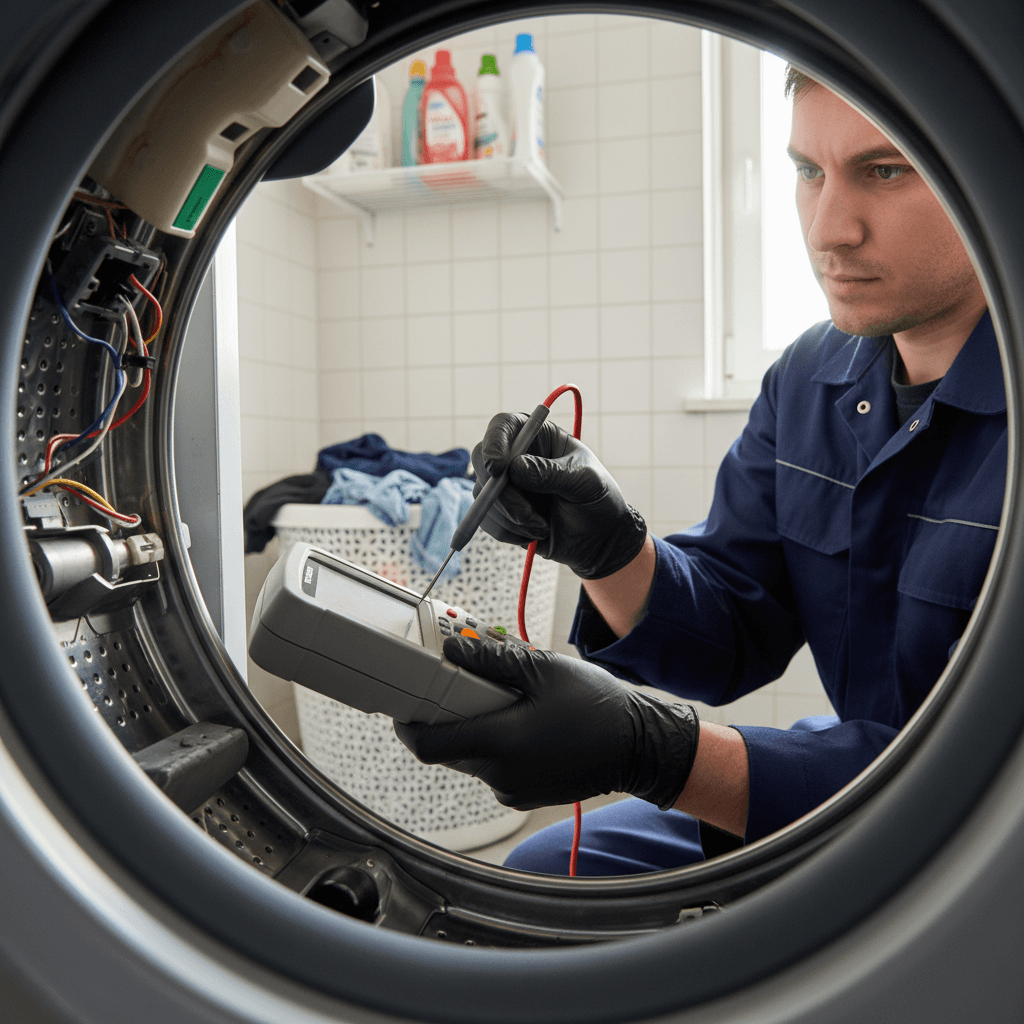 Technician cleaning washer drum filter