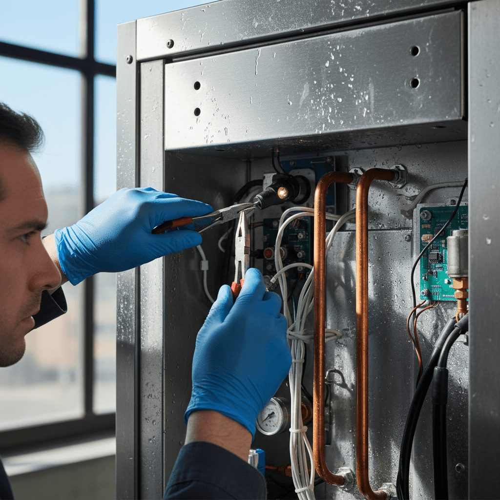 Technician inspecting refrigerator compressor