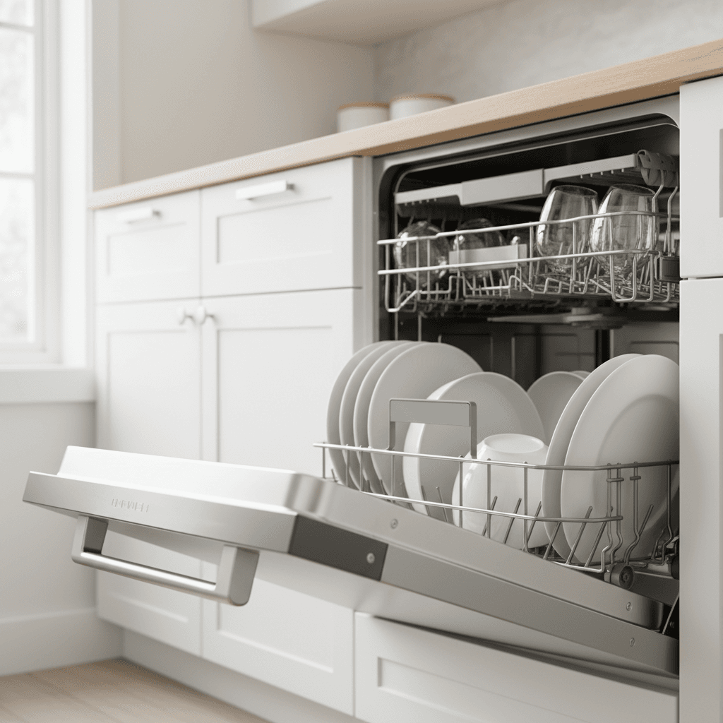 Technician inspecting dishwasher spray arm